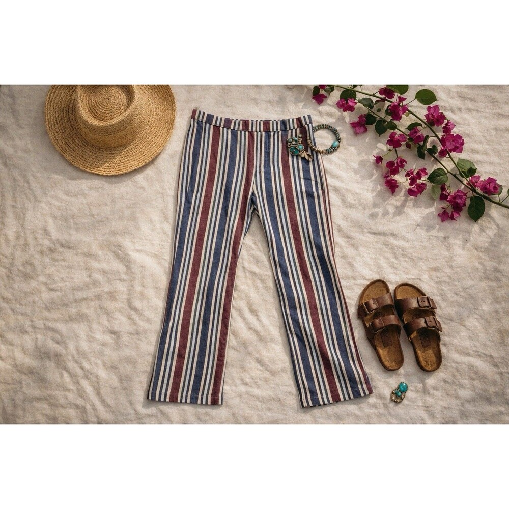 Free People Striped Linen Blend Capri Pants Coastal Boho Summer Size 10